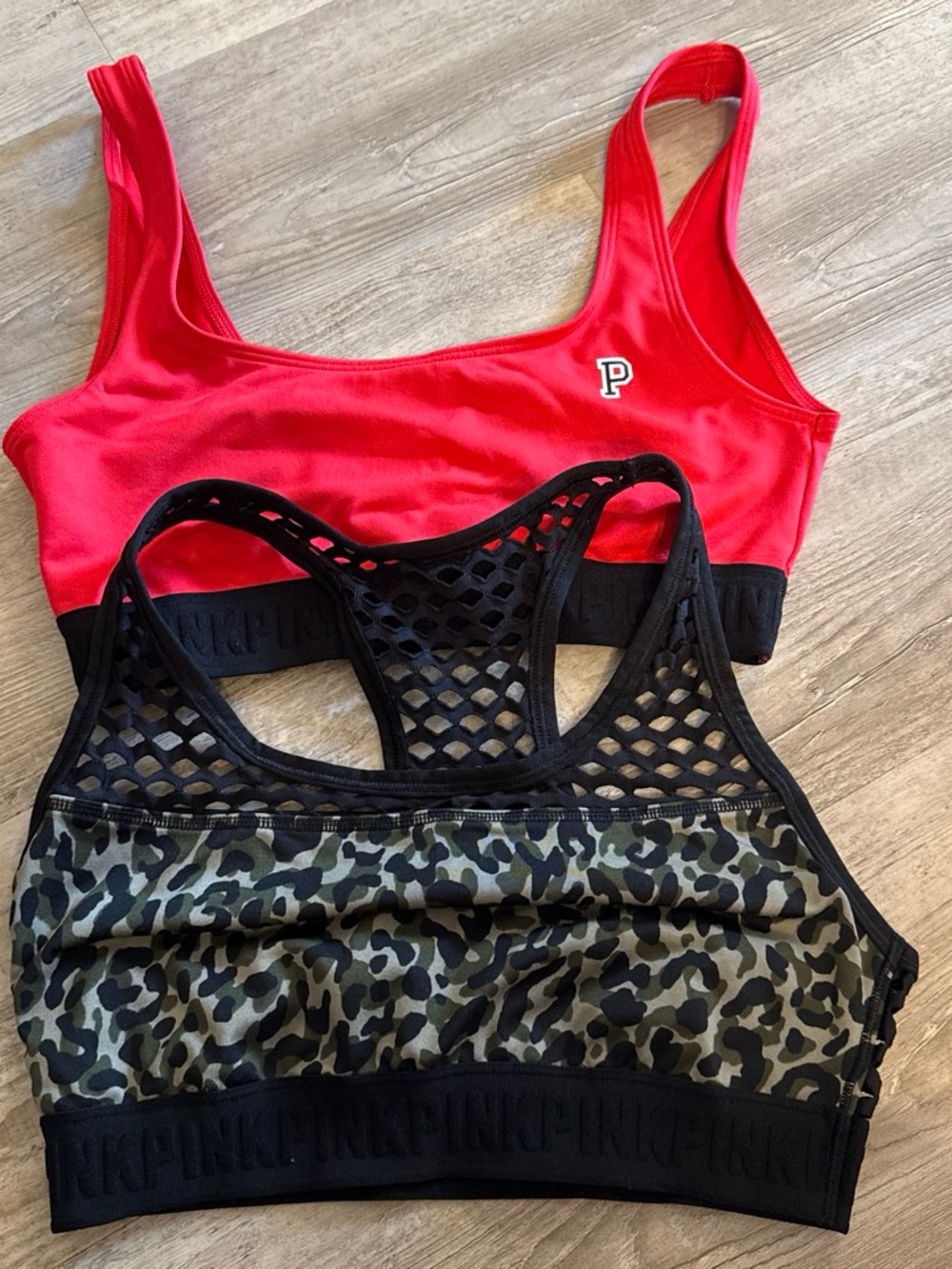 PINK Victoria's Secret Red Scoop & Olive Leopard Mesh-Back Sports Bra Set